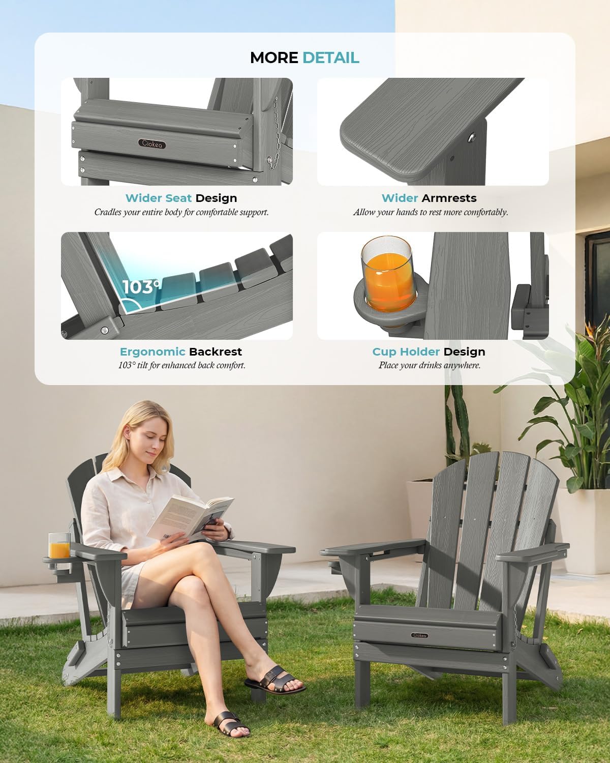 Folding Adirondack Chair Wood Texture, Patio Chair Weather Resistant, Plastic Fire Pit Chair with Cup Holder, for Lawn Outdoor Porch Garden Backyard Deck (Grey)