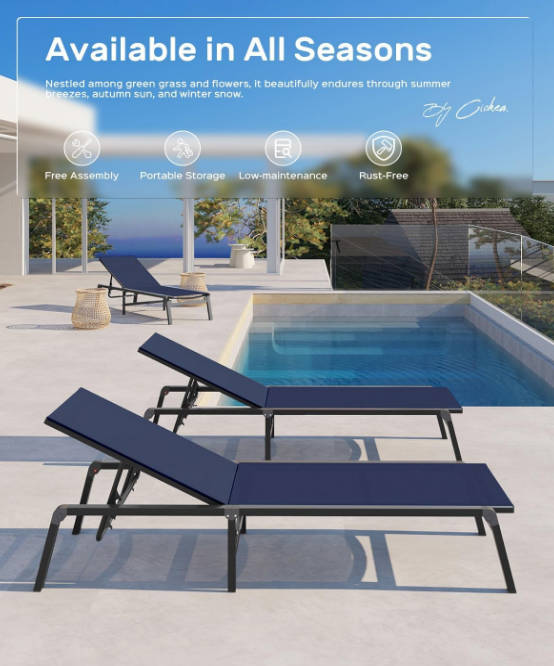 Aluminum Chaise Lounge Ourdoor - Foldable & Assemble Free Outdoor Lounge Chair with 5 Adjustable Backrest, Patio Lounge Chair for Outside Poolside Beach Pool, Navy Blue