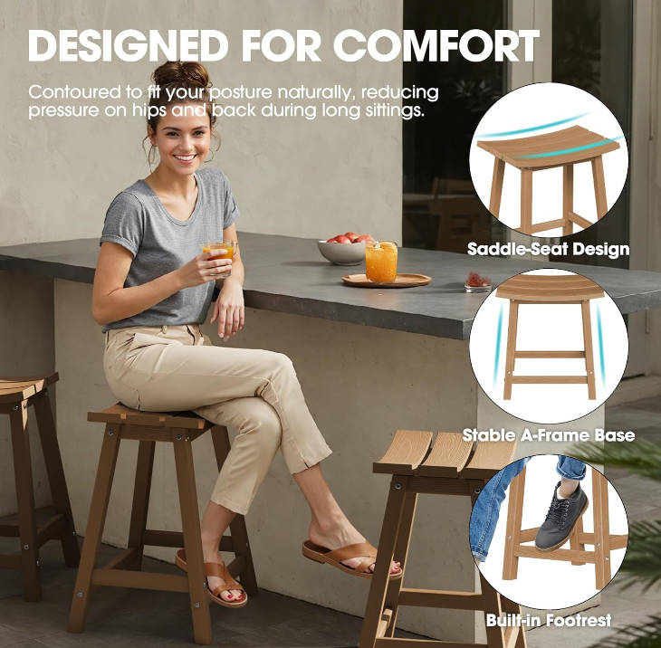 2 Set 24" Outdoor Bar Stools Heavy Duty HDPE Counter Height Bar Stools Weatherproof Patio Seats Modern Waterproof BarStools for Bar Deck Balcony Kitchen Counter Yard, Teak