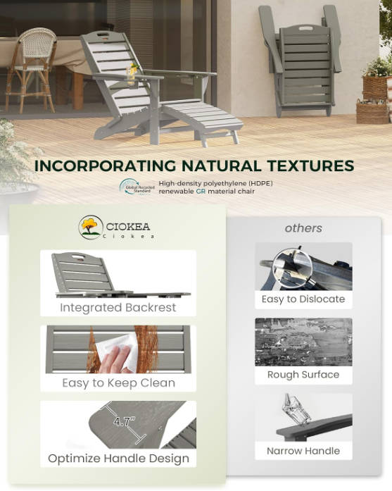 Folding Adirondack Chair with Retractable Ottoman Fire Pit Patio Chair with Pull Out Foot Rest Weather Resistant Lawn Outdoor Lounge Chair with 2 Cup Holder (Grey)