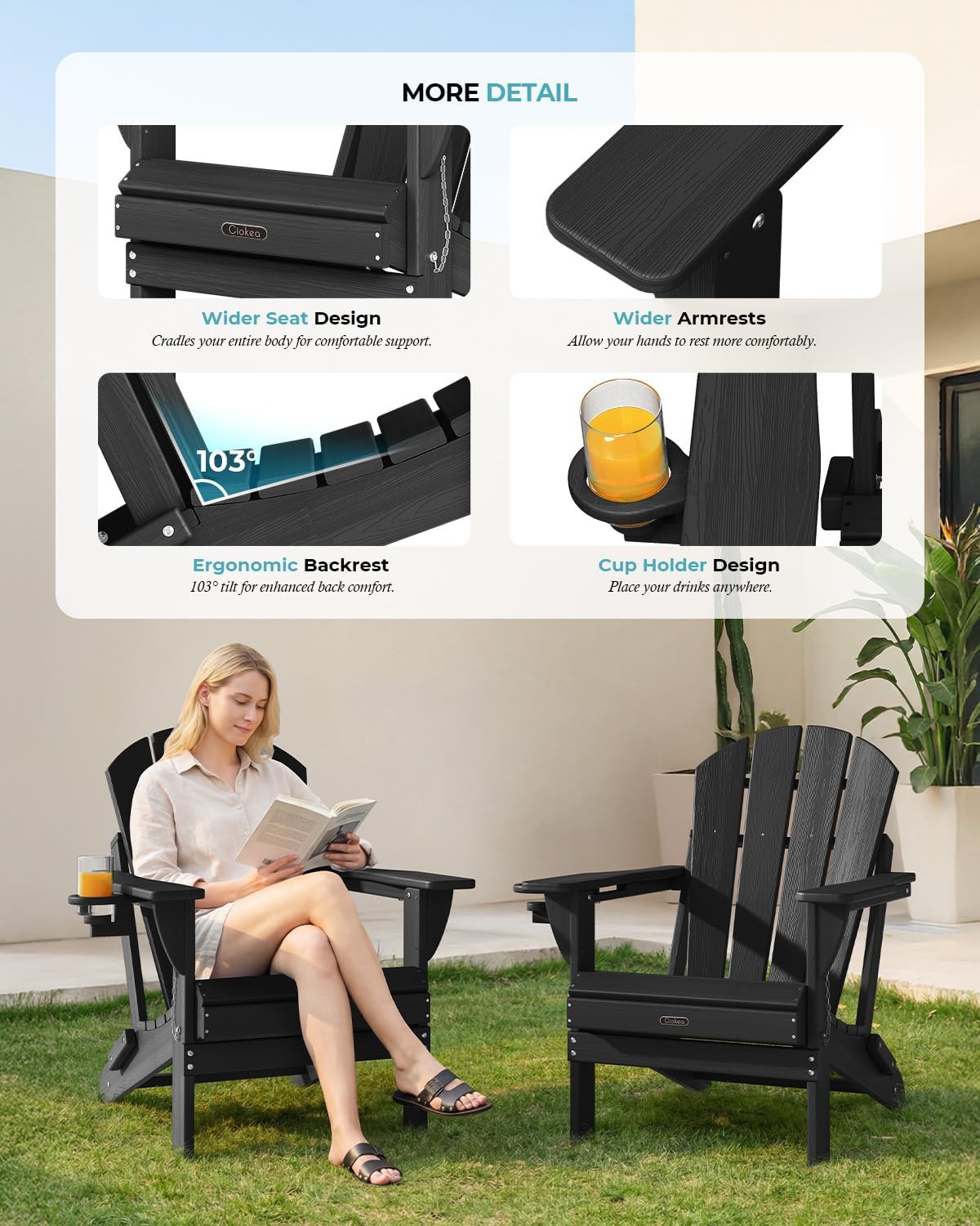 Folding Adirondack Chair Wood Texture for Patio, Weather Resistant, Plastic Fire Pit Chair with Cup Holder, Lawn Chair for Outdoor Porch Garden Backyard Deck (Black)