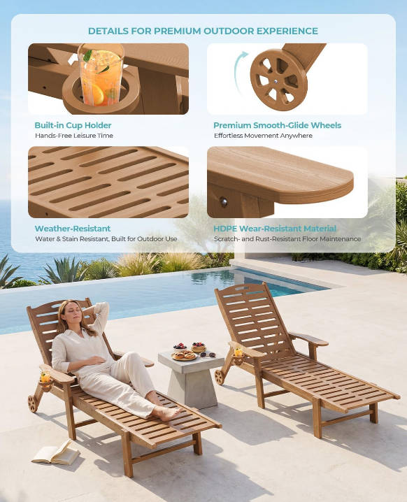 Lounge Chair Outdoor with Wheels & Cup Holder, 5-Position Adjustable Heavy Duty Patio Lounge Chair, HDPE Outdoor Chaise Lounge, 350 lbs Capacity, All Weather for Poolside, Deck, Backyard (Teak)