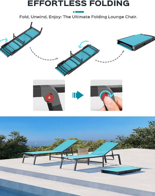 Aluminum Chaise Lounge Ourdoor - Foldable & Assemble Free Outdoor Lounge Chair with 5 Adjustable Backrest, Patio Lounge Chair for Outside Poolside Beach Pool, Lake Blue