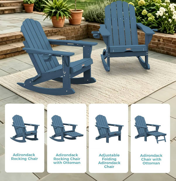 Folding Adirondack Rocking Chair with Retractable Ottoman, 4-in-1 Outdoor Adjustable Adirondack Chair with Cup Holders, All-Weather HDPE Rocker for Porch, Deck, Patio, Poolside (Navy Blue)
