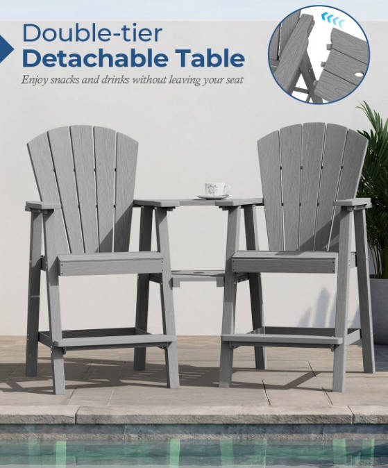  Tall Adirondack Chairs Set of 2, HDPE Outdoor Adirondack Bar Stools with Double Connecting Tray, Weather Resistant High Back Adirondack Balcony Chairs for Deck, Lawn, Pool, Backyard, Grey