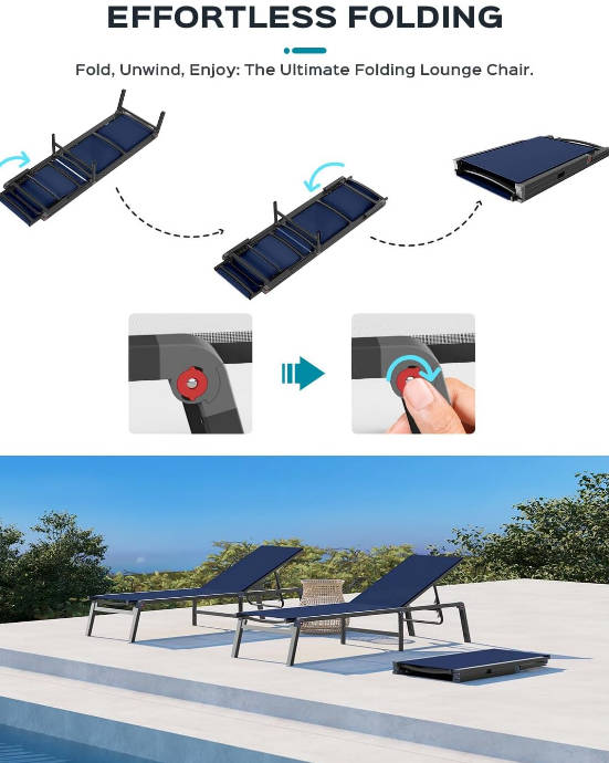 Aluminum Chaise Lounge Ourdoor - Foldable & Assemble Free Outdoor Lounge Chair with 5 Adjustable Backrest, Patio Lounge Chair for Outside Poolside Beach Pool, Navy Blue