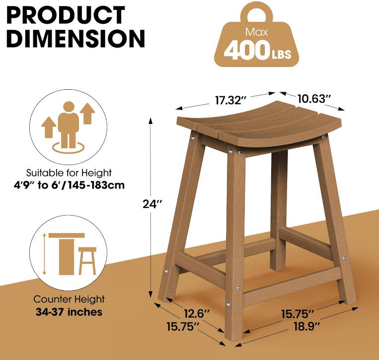 2 Set 24" Outdoor Bar Stools Heavy Duty HDPE Counter Height Bar Stools Weatherproof Patio Seats Modern Waterproof BarStools for Bar Deck Balcony Kitchen Counter Yard, Teak
