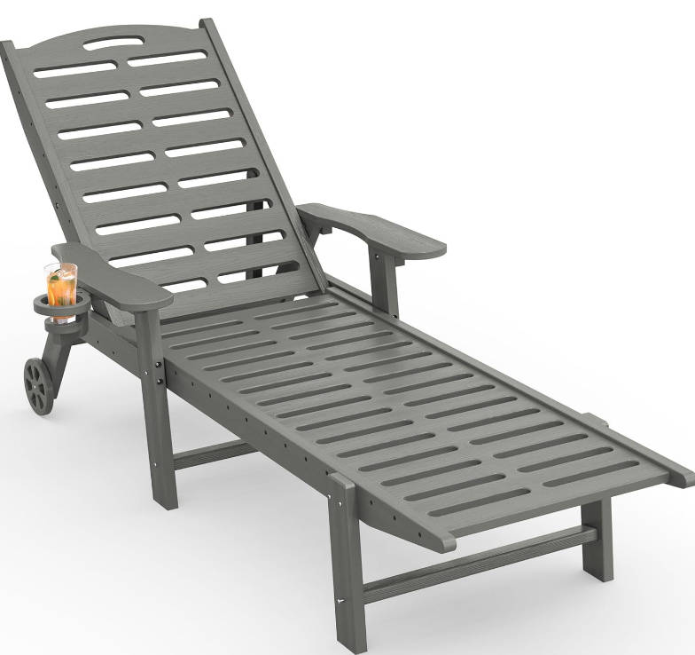 Lounge Chair Outdoor with Wheels & Cup Holder, 5-Position Adjustable Heavy Duty Patio Lounge Chair, HDPE Outdoor Chaise Lounge, 350 lbs Capacity, All Weather for Poolside, Deck, Backyard (Grey)