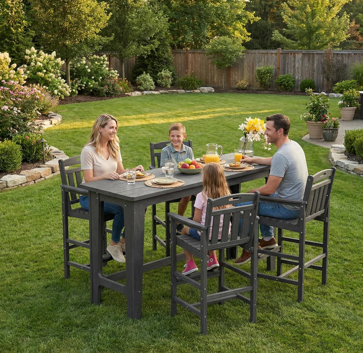 Outdoor Bar Set of 3, 60" Extra Long High Top Table with 2 Oversized Adirondack Chairs, Heavy-Duty All-Weather Bar Height Table Set Patio Bar Set for Backyard Balcony Deck, Grey