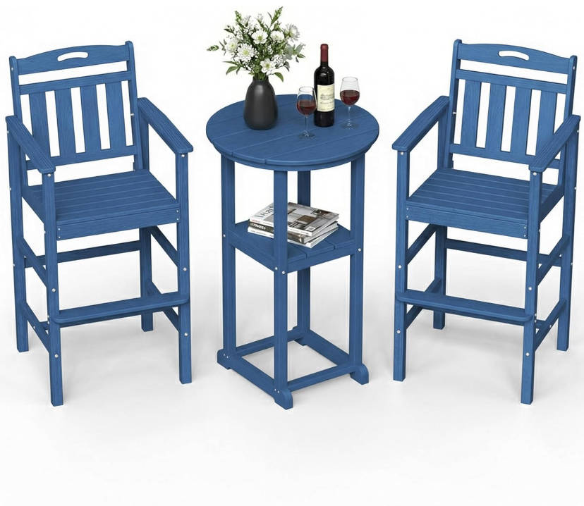 Outdoor High Top Bar Set of 3, Space-Saving Bistro Table and Chairs, All-Weather Small Bar Set with Storage Shelf, Round Table with 2 Oversized Adirondack Chairs for Balcony Deck, Navy Blue