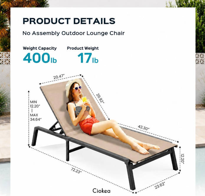 Aluminum Chaise Lounge Ourdoor - Foldable & Assemble Free Outdoor Lounge Chair with 5 Adjustable Backrest, Patio Lounge Chair for Outside Poolside Beach Pool, Khaki