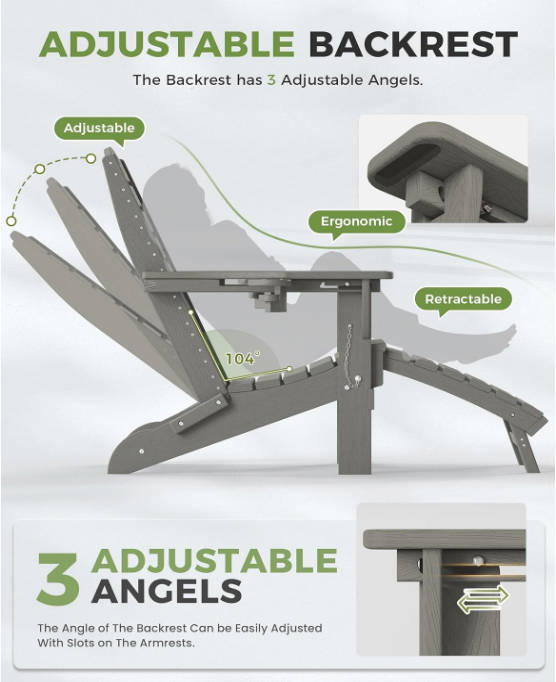 Folding Adirondack Chair with Retractable Ottoman Fire Pit Patio Chair with Pull Out Foot Rest Weather Resistant Lawn Outdoor Lounge Chair with 2 Cup Holder (Grey)