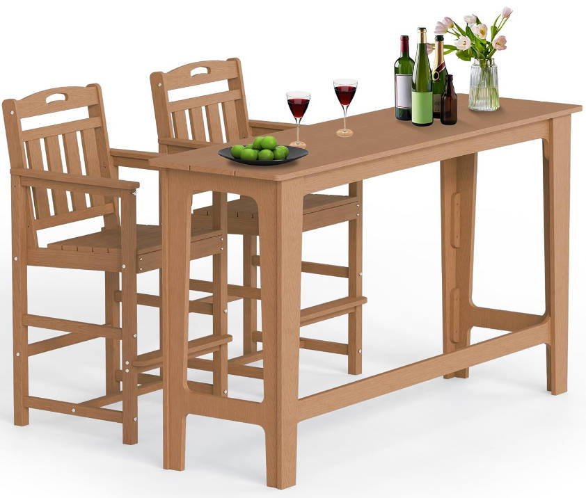 Outdoor Bar Set of 3, 60" Extra Long High Top Table with 2 Oversized Adirondack Chairs, Heavy-Duty All-Weather Bar Height Table Set Patio Bar Set for Backyard Balcony Deck, Teak
