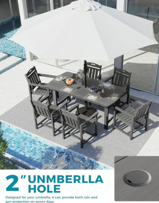 HDPE Outdoor Dining Set, 7-Piece Patio Table and Chairs Set with Umbrella Hole, All-Weather Patio Dining Sets for 6, Durable Patio Furniture for Backyard, Garden, Lawn & Poolside, Grey