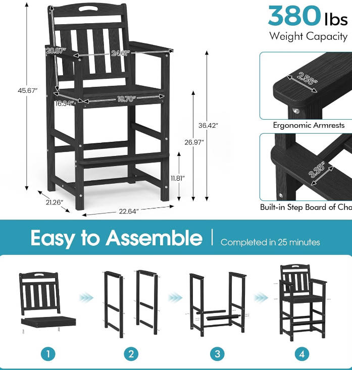 Bar Height Adirondack Chair, 380lbs Heavy Duty Tall Bar Chair Patio Stool with Arms & High Back, All-Weather Outdoor Chair for Bar Table, Balcony, Poolside, Deck and Garden, Black