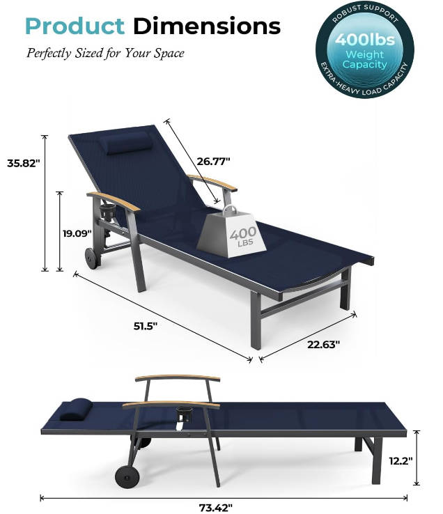 Outdoor Lounge Chair with Pillow, 5-Position Aluminum Chaise Lounge with Wheels & Armrests, 400 lbs Heavy Duty Patio Pool Chair for Deck, Backyard, Beach & Poolside, Navy Blue