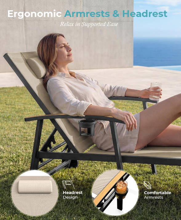 Outdoor Lounge Chair with Pillow, 5-Position Aluminum Chaise Lounge with Wheels & Armrests, 400 lbs Heavy Duty Patio Pool Chair for Deck, Backyard, Beach & Poolside, Khaki