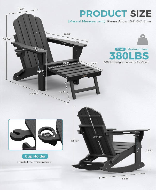 Folding Adirondack Rocking Chair with Retractable Ottoman, 4-in-1 Outdoor Adjustable Adirondack Chair with Cup Holders, All-Weather HDPE Rocker for Porch, Deck, Patio, Poolside (Dark Grey)