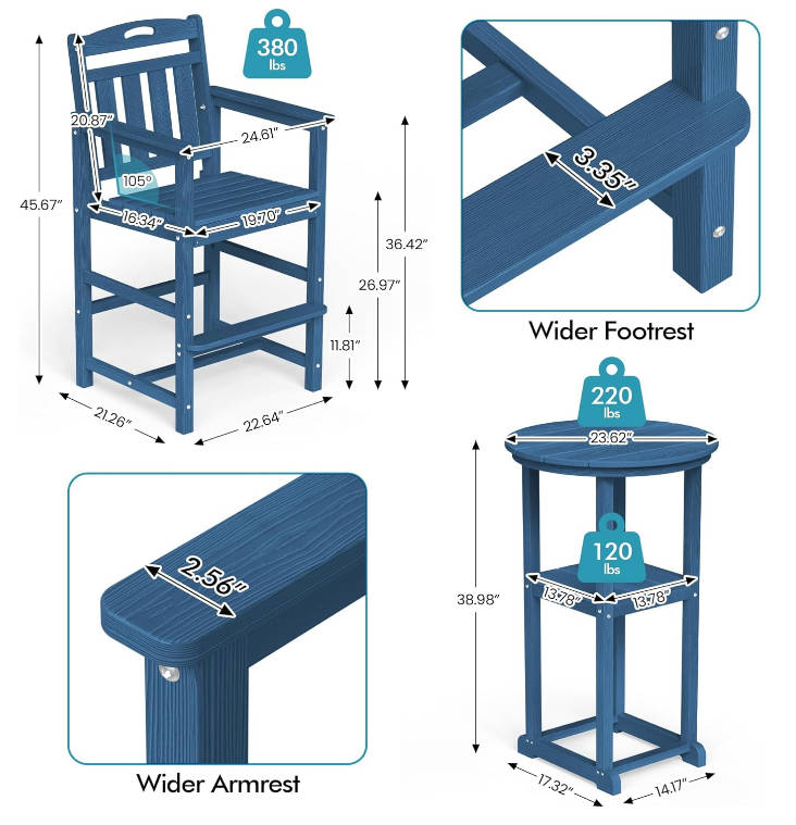 Outdoor High Top Bar Set of 3, Space-Saving Bistro Table and Chairs, All-Weather Small Bar Set with Storage Shelf, Round Table with 2 Oversized Adirondack Chairs for Balcony Deck, Navy Blue
