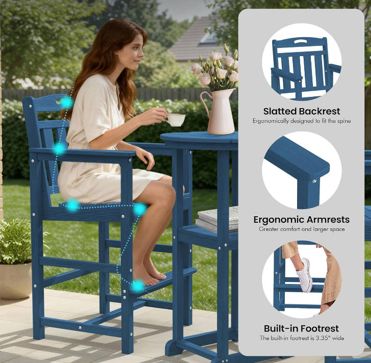 Outdoor High Top Bar Set of 3, Space-Saving Bistro Table and Chairs, All-Weather Small Bar Set with Storage Shelf, Round Table with 2 Oversized Adirondack Chairs for Balcony Deck, Navy Blue