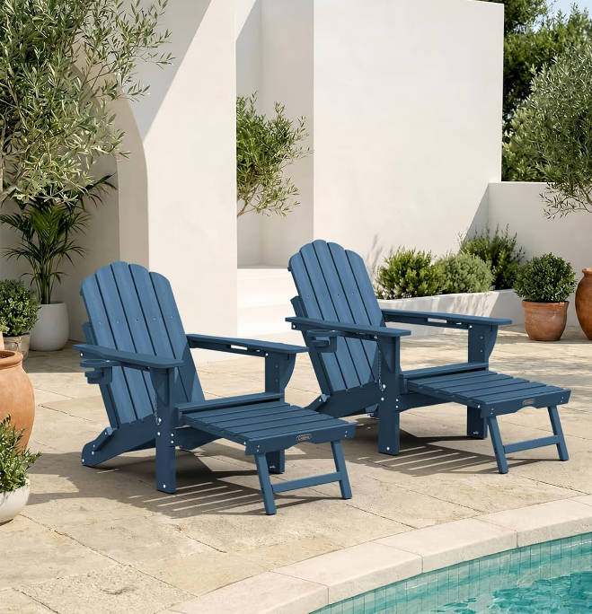 Folding Adirondack Rocking Chair with Retractable Ottoman, 4-in-1 Outdoor Adjustable Adirondack Chair with Cup Holders, All-Weather HDPE Rocker for Porch, Deck, Patio, Poolside (Navy Blue)