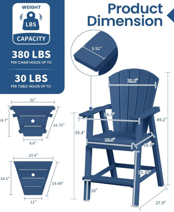 Tall Adirondack Chairs Set of 2, HDPE Outdoor High Back Adirondack Chair with Double Connecting Tray, Weather Resistant Balcony Chairs for Deck, Lawn, Pool, Backyard, Navy Blue