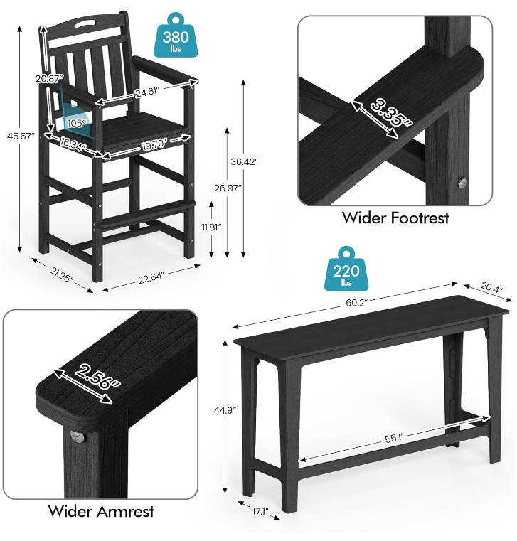 Outdoor Bar Set of 3, 60" Extra Long High Top Table with 2 Oversized Adirondack Chairs, Heavy-Duty All-Weather Bar Height Table Set Patio Bar Set for Backyard Balcony Deck, Black