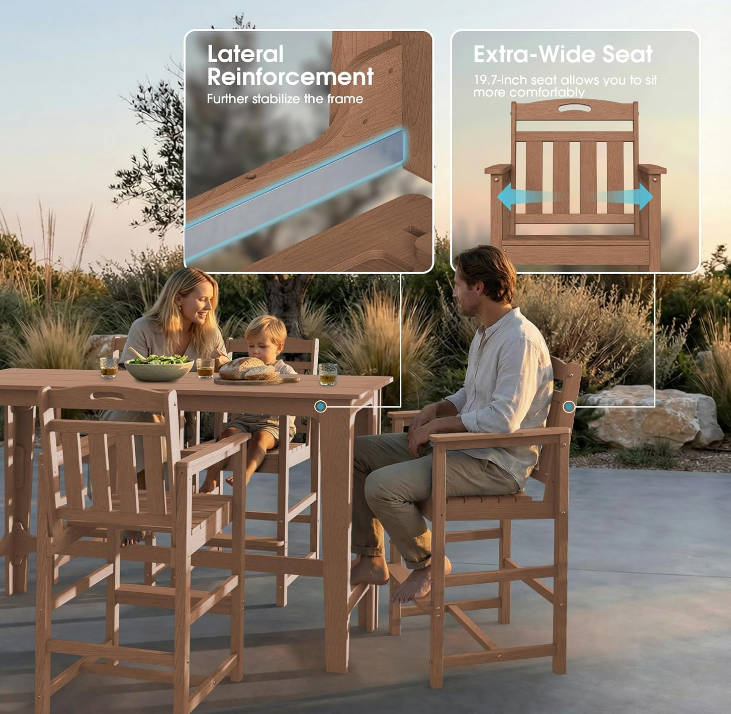 Outdoor Bar Set of 3, 60" Extra Long High Top Table with 2 Oversized Adirondack Chairs, Heavy-Duty All-Weather Bar Height Table Set Patio Bar Set for Backyard Balcony Deck, Teak