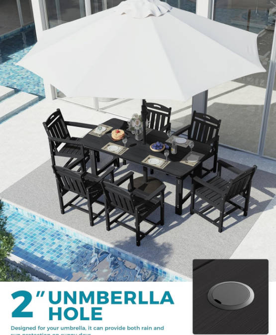 HDPE Outdoor Dining Set, 7-Piece Patio Table and Chairs Set with Umbrella Hole, All-Weather Patio Dining Sets for 6, Durable Patio Furniture for Backyard, Garden, Lawn & Poolside, Black