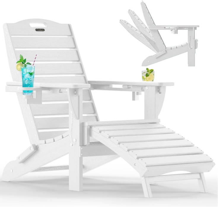 Folding Adirondack Chair with Retractable Ottoman Fire Pit Patio Chair with Pull Out Foot Rest Weather Resistant Lawn Outdoor Lounge Chair with 2 Cup Holder (White)
