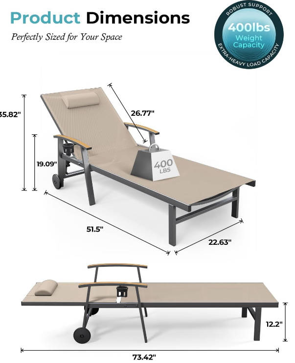 Outdoor Lounge Chair with Pillow, 5-Position Aluminum Chaise Lounge with Wheels & Armrests, 400 lbs Heavy Duty Patio Pool Chair for Deck, Backyard, Beach & Poolside, Khaki