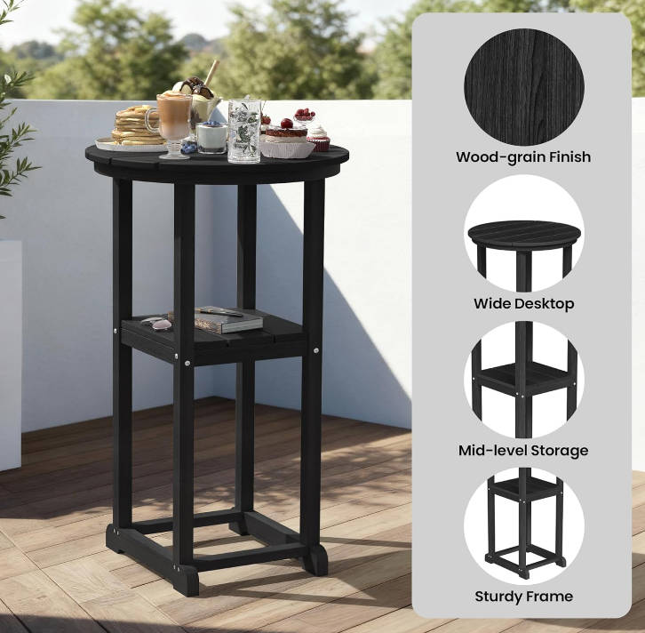Outdoor High Top Bar Set of 3, Space-Saving Bistro Table and Chairs, All-Weather Small Bar Set with Storage Shelf, Round Table with 2 Oversized Adirondack Chairs for Balcony Deck, Black