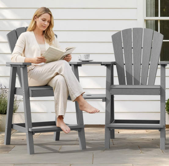  Tall Adirondack Chairs Set of 2, HDPE Outdoor Adirondack Bar Stools with Double Connecting Tray, Weather Resistant High Back Adirondack Balcony Chairs for Deck, Lawn, Pool, Backyard, Grey