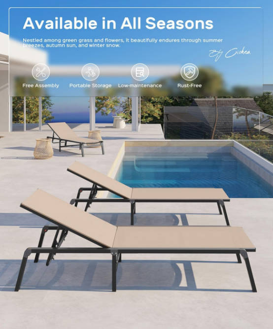 Aluminum Chaise Lounge Ourdoor - Foldable & Assemble Free Outdoor Lounge Chair with 5 Adjustable Backrest, Patio Lounge Chair for Outside Poolside Beach Pool, Khaki