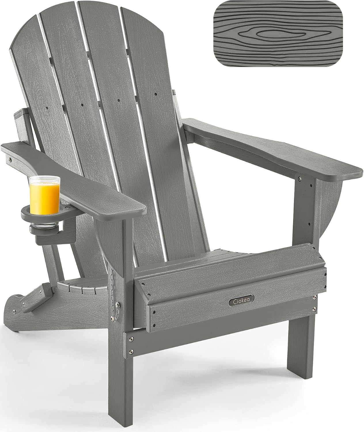 Folding Adirondack Chair Wood Texture, Patio Chair Weather Resistant, Plastic Fire Pit Chair with Cup Holder, for Lawn Outdoor Porch Garden Backyard Deck (Grey)