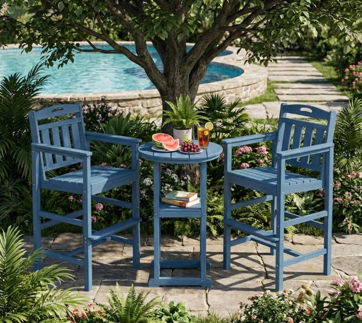 Outdoor High Top Bar Set of 3, Space-Saving Bistro Table and Chairs, All-Weather Small Bar Set with Storage Shelf, Round Table with 2 Oversized Adirondack Chairs for Balcony Deck, Navy Blue