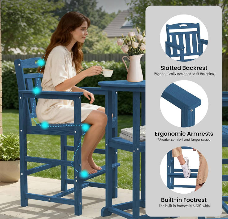 Outdoor High Top Bar Set of 3, Space-Saving Bistro Table and Chairs, All-Weather Small Bar Set with Storage Shelf, Round Table with 2 Oversized Adirondack Chairs for Balcony Deck, Navy Blue