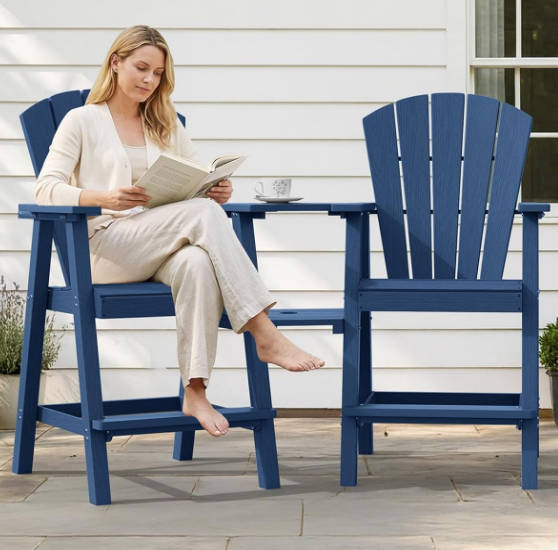Tall Adirondack Chairs Set of 2, HDPE Outdoor High Back Adirondack Chair with Double Connecting Tray, Weather Resistant Balcony Chairs for Deck, Lawn, Pool, Backyard, Navy Blue