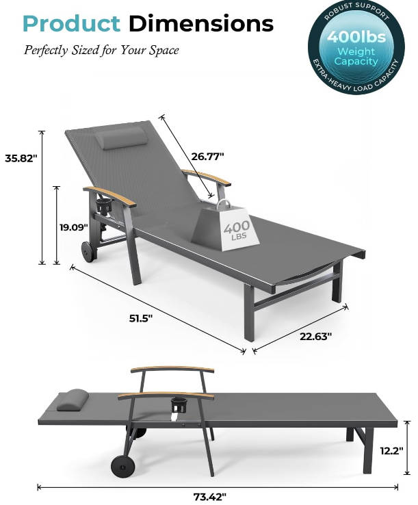 Outdoor Lounge Chair with Pillow, 5-Position Aluminum Chaise Lounge with Wheels & Armrests, 400 lbs Heavy Duty Patio Pool Chair for Deck, Backyard, Beach & Poolside, Grey