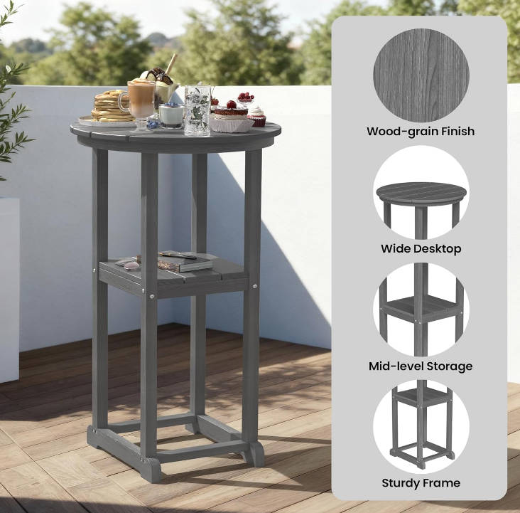 Outdoor High Top Bar Set of 3, Space-Saving Bistro Table and Chairs, All-Weather Small Bar Set with Storage Shelf, Round Table with 2 Oversized Adirondack Chairs for Balcony Deck, Grey