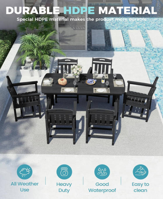 HDPE Outdoor Dining Set, 7-Piece Patio Table and Chairs Set with Umbrella Hole, All-Weather Patio Dining Sets for 6, Durable Patio Furniture for Backyard, Garden, Lawn & Poolside, Black