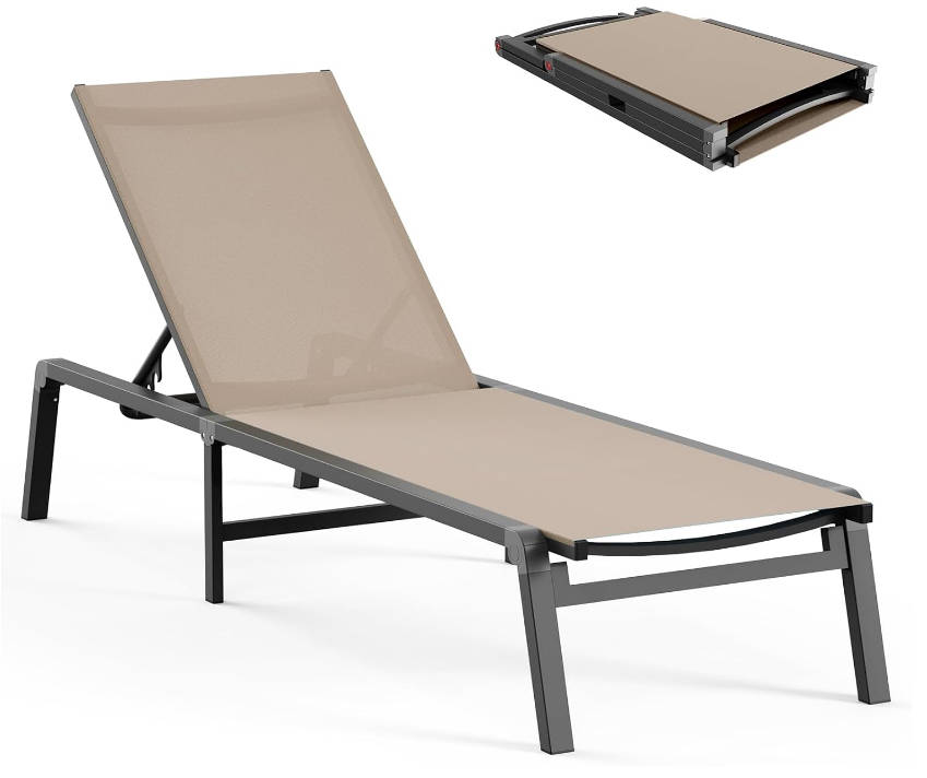 Aluminum Chaise Lounge Ourdoor - Foldable & Assemble Free Outdoor Lounge Chair with 5 Adjustable Backrest, Patio Lounge Chair for Outside Poolside Beach Pool, Khaki