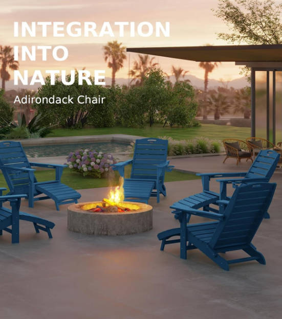 Folding Adirondack Chair with Retractable Ottoman Fire Pit Patio Chair with Pull Out Foot Rest Weather Resistant Lawn Outdoor Lounge Chair with 2 Cup Holder (Navy Blue)