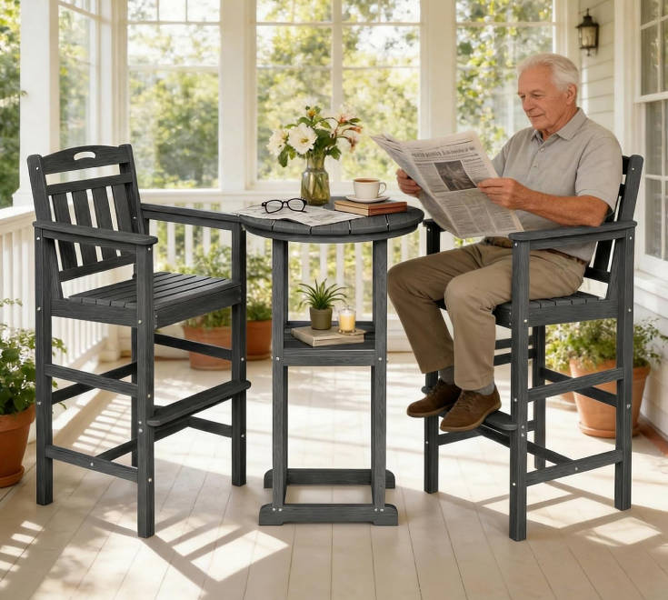 Outdoor High Top Bar Set of 3, Space-Saving Bistro Table and Chairs, All-Weather Small Bar Set with Storage Shelf, Round Table with 2 Oversized Adirondack Chairs for Balcony Deck, Grey