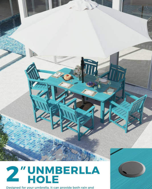 7-Piece Patio Table and Chairs Set with Umbrella Hole, All-Weather Patio Dining Sets for 6, Durable Patio Furniture for Backyard, Garden, Lawn & Poolside, Lake Blue