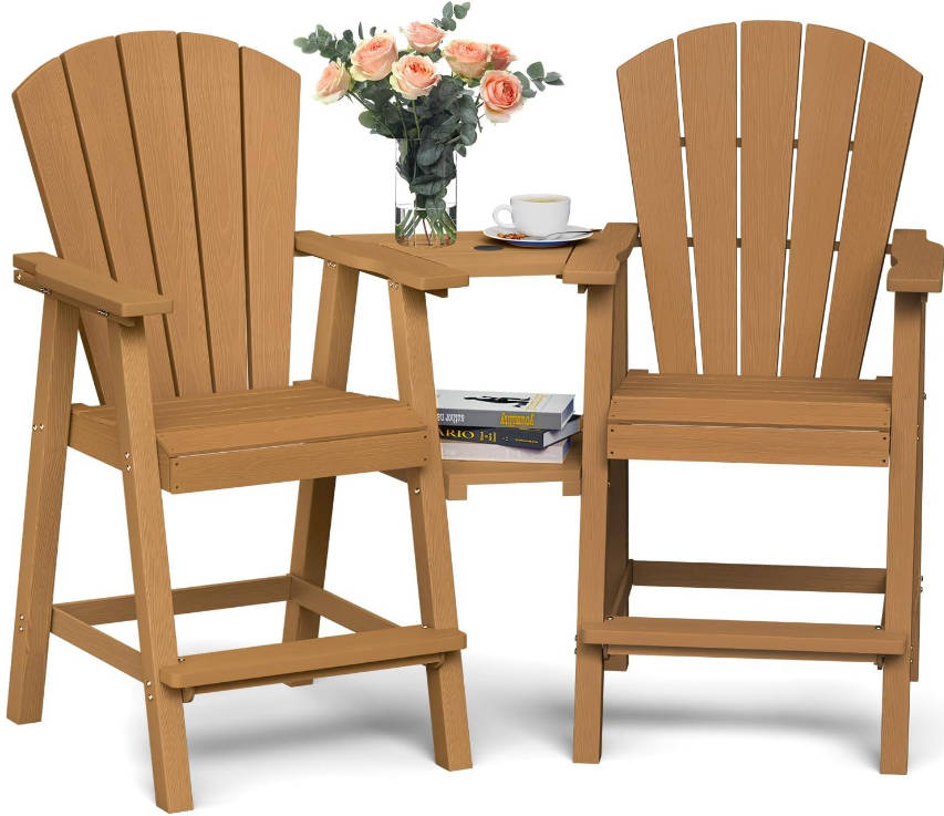 Tall Adirondack Chairs Set of 2, HDPE Outdoor High Adirondack Chair with Double Connecting Tray, Weather Resistant Balcony Chairs for Deck, Lawn, Pool, Backyard, Teak
