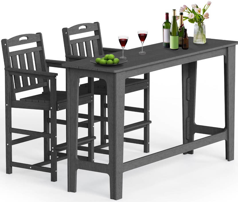 Outdoor Bar Set of 3, 60" Extra Long High Top Table with 2 Oversized Adirondack Chairs, Heavy-Duty All-Weather Bar Height Table Set Patio Bar Set for Backyard Balcony Deck, Grey