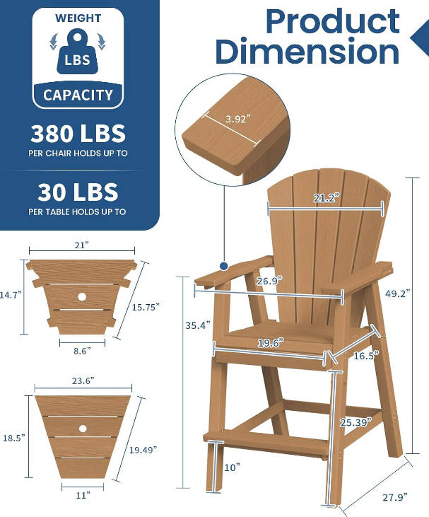 Tall Adirondack Chairs Set of 2, HDPE Outdoor High Adirondack Chair with Double Connecting Tray, Weather Resistant Balcony Chairs for Deck, Lawn, Pool, Backyard, Teak