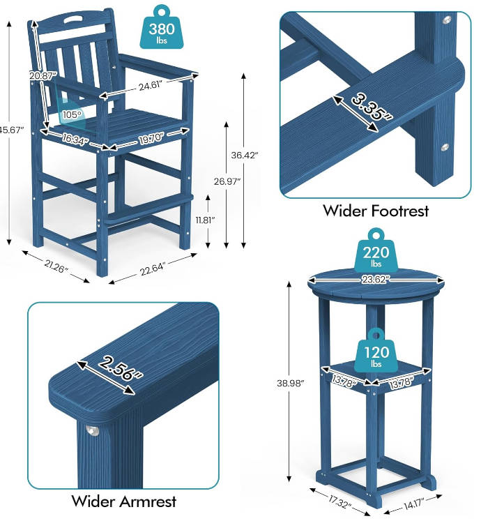 Outdoor High Top Bar Set of 3, Space-Saving Bistro Table and Chairs, All-Weather Small Bar Set with Storage Shelf, Round Table with 2 Oversized Adirondack Chairs for Balcony Deck, Navy Blue