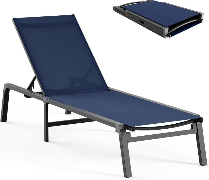 Aluminum Chaise Lounge Ourdoor - Foldable & Assemble Free Outdoor Lounge Chair with 5 Adjustable Backrest, Patio Lounge Chair for Outside Poolside Beach Pool, Navy Blue